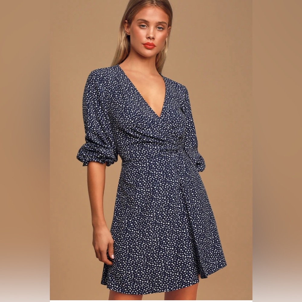 Lulu’s Twirl Me Around Navy Blue & white Polka Dot Faux Wrap Mini Dress size S